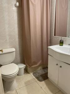 um banheiro com vaso sanitário, pia e chuveiro em Departamento Vistas Panorámicas em Viña del Mar