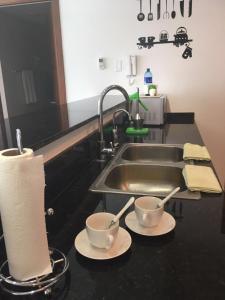 a kitchen counter with two cups and a sink at Las Lajas Chalet Sweet home 2 bedrooms in Las Lajas