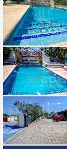 two pictures of a swimming pool with blue water at Las Lajas Chalet Sweet home 2 bedrooms in Las Lajas