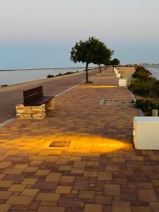 een stoep met bankjes en bomen op een strand bij Sun & Salt Lo Pagan in San Pedro del Pinatar