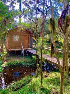 a cabin in the woods next to a pond at Cabana Recanto dos Aparados in Cambará +6 photos