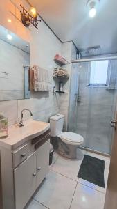 a bathroom with a shower and a toilet and a sink at Apartamento residencial vert in Bento Gonçalves