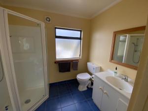 a bathroom with a toilet and a sink and a shower at The Blue Jem - A central city home away from home! in Napier +24 photos