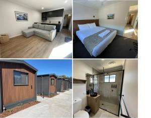 three different pictures of a bedroom and a room at Barooga Hotel in Barooga