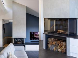 two views of a living room with a fireplace at Beach, Golf & Luxury! Sunrise to Sunset Views in Forster