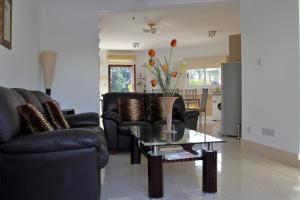 sala de estar con sillas de cuero negro y mesa de cristal en Villa Christina, en Pafos