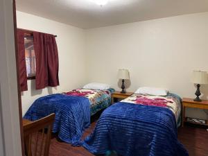 two beds in a room with blue and red sheets at Alaskanorthwindinn in Hoonah