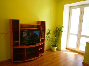 スィクティフカルにあるComfort Apartment On Karla Marksaの木製エンターテイメントセンター内のリビングルーム(テレビ付)