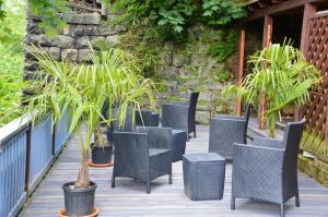una fila di sedie e piante in vaso su un ponte di Haus Abendsonne a Stadt Wehlen