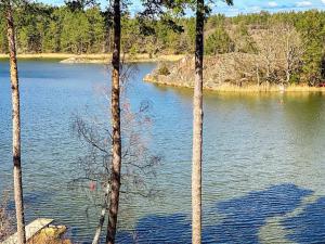 a view of a lake from between two trees at 6 person holiday home in FIGEHOLM-By Traum in Figeholm