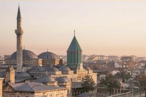 a view of a city with a mosque at Mesnevi Hotel in Konya