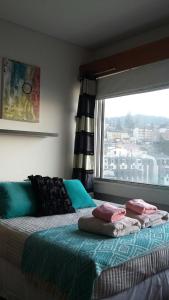 1 dormitorio con 1 cama con 2 almohadas y ventana en Center 518 en San Carlos de Bariloche