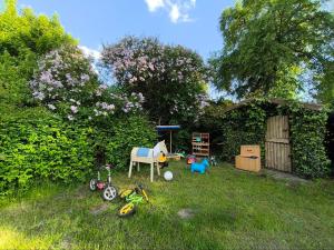 a yard with some toys in the grass at Modernes Ferienhaus mit 4 separaten Appartements, je mit vollausgestatteter Küchenzeile und eigenem Bad, 2 Gehminuten zum Badesee, Garten, Grillplatz, Kinderspielbereich, Hunde auf Anfrage willkommen in Blumenholz