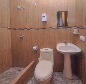 a bathroom with a toilet and a sink at Costa Del Sol in Puerto Ayora