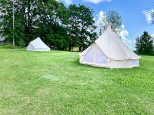 two tents in a field of grass with trees at Ploomi Glämping in Tiilike