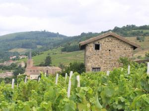 un bâtiment en pierre dans un vignoble avec une église en arrière-plan dans l'établissement Les Gîtes de La Fontaine, à Jullié