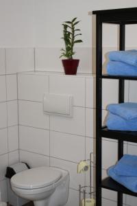 a bathroom with a toilet and some blue towels at Kleines Schmuckstück in Ermstedt