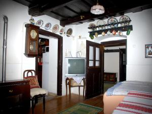 a living room with a tv and a bed at Natura Vendégház in Pázmánd