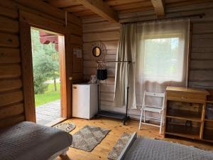 a room with a refrigerator and a window in a cabin at Akmens sala in Vecpiebalga