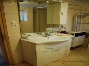 a bathroom with a sink and a mirror at Natura Vendégház in Pázmánd +68 photos