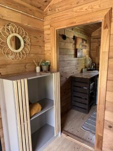 a small kitchen in a cabin with wooden walls at Akmens sala in Vecpiebalga +33 photos