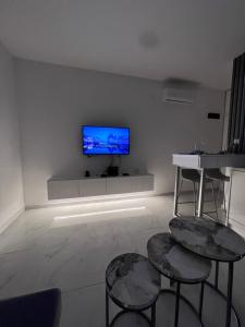a living room with a flat screen tv on a wall at Blue Haven apartments in Herceg-Novi