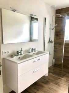 un bagno bianco con lavandino e doccia di Maison idéale pour un séjour aux Sables d'Olonne a La Pironnière