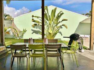 a table and chairs with a potted plant on a patio at Villa Ravenale in Grand Fond