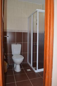 a bathroom with a toilet and a shower at Mulka Hotel in Ayvalık