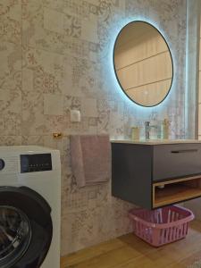 a bathroom with a washing machine and a mirror at New Villa Penelopa in Babino Polje +21 photos