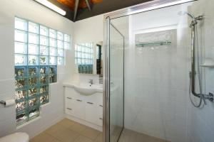a bathroom with a shower, sink, and toilet at Island Leisure Resort in Nelly Bay