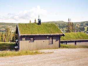 een gebouw met een grasdak met daarop een toren bij 10 person holiday home in Fåvang in Favang