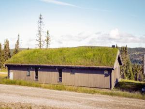 een gebouw met een grasdak aan de kant van een weg bij 10 person holiday home in Fåvang in Favang