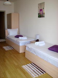 Duas camas num quarto com pisos em madeira em Two-Bedroom Apartment Donika em Tsarevo