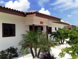 een huis met palmbomen ervoor bij Holiday villa at Jan Thielstrand in Willemstad in Jan Thiel