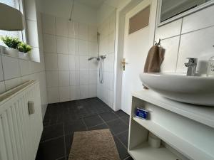 a bathroom with a sink and a shower at Ferienwohnung Mimi in Steyerberg +78 photos