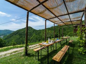 a group of picnic tables with a view of mountains at Beautiful Apartment in Sestino with Garden in Sestino