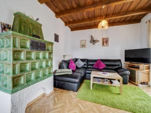 a living room with a black leather couch and a tv at Beautiful holiday home in Viechtach with views in Viechtach