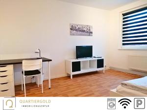 een kamer met een bureau, een televisie en een deskictericter bij Apartment I Business I Monteure in Lauchhammer