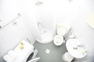 a white bathroom with a toilet and a sink at Apartments Roza in Miškovići +67 photos