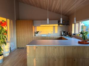 a kitchen with wooden cabinets and a counter top at Villa Vadsø in Vadsø