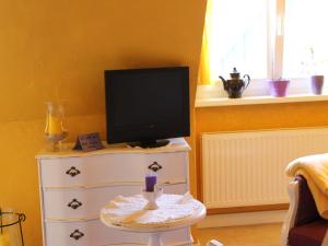 a television on a dresser with a table with a tv on it at Beautiful Apartment in Damgarten with Garden in Ribnitz-Damgarten