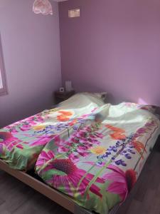 un letto con una coperta colorata in una camera da letto di Maison à la ferme Grenetemy a Lavernat