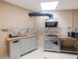 eine Küche mit Herd und Arbeitsplatte in der Unterkunft Cosy holiday home in Sankt Goarshausen with barbecue in Sankt Goarshausen + 67 Fotos