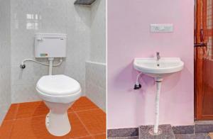 two pictures of a bathroom with a toilet and a sink at Hotel grand meridian in in Bengaluru