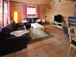 a living room with a leather couch and a tv at Blockhaus mit Sauna und Kamin in Schierke in Schierke
