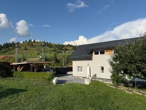a white house with a hill in the background at Casa Lupu in Platoneşti