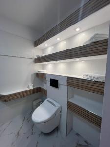 a white bathroom with a toilet and shelves at Casa Lupu  +29 photos