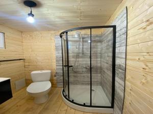 un bagno con wc e doccia in vetro di Resort Pirates in Dziwnow for 4 persons a Dziwnów