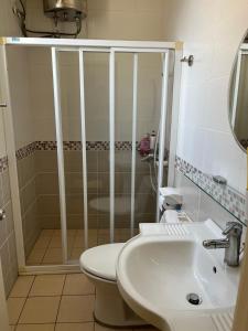 a bathroom with a shower and a toilet and a sink at Fengming B&B in Jinning